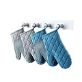 Gray And Blue Quilted Oven Mitts Hanging On Kitchen Hooks