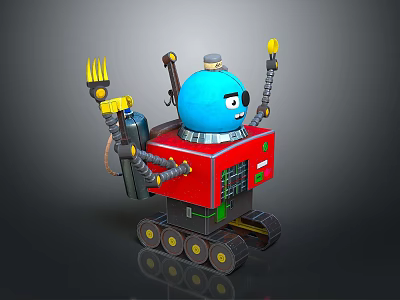 Colorful Mechanical Robot With Blue Head Red Body Track Wheels Mechanical Arms And Antenna 3d model