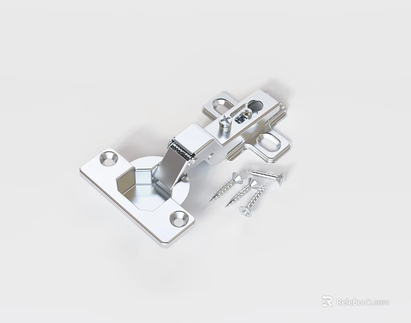 Silver Metal Furniture Hinge With Mounting Screws And Hardware Components 3d model 