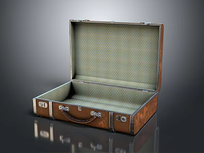 Vintage Leather Suitcase Open With Green Checkered Lining And Metal Fittings On Reflective Surface 3d model