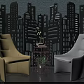 Tech Exhibition Hall Interior With Modern Yellow And Gray Chairs Table Sculpture And City Skyline