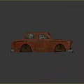 Old Red Toy Car With Broken Windows And Worn Rough Surface