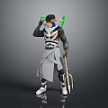 Fantasy Armored Character Standing Beside Steam Train With Trident And Hat