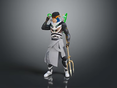 Fantasy Armored Character Standing Beside Steam Train With Trident And Hat 3d model
