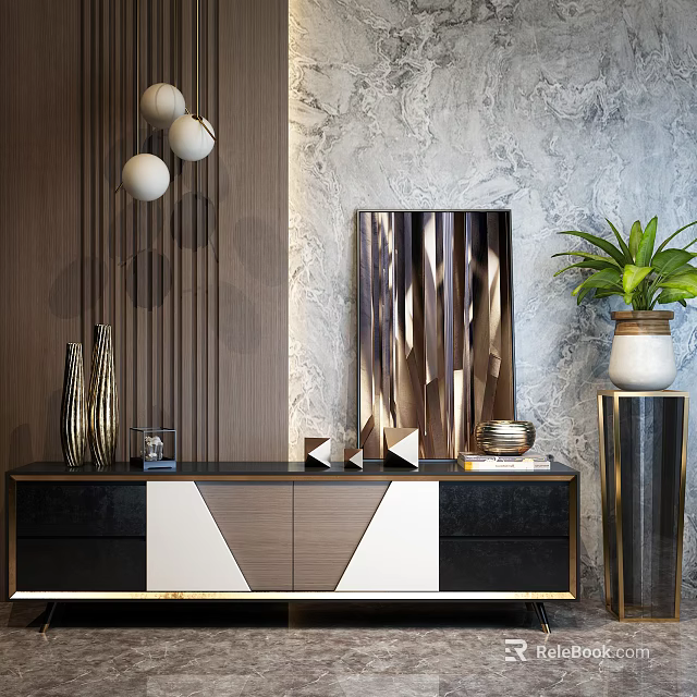 Modern TV Stand With Black White Brown Design Geometric Decor Marble Wall And Potted Plant 3d model 