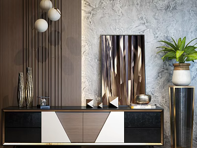 Modern TV Stand With Black White Brown Design Geometric Decor Marble Wall And Potted Plant 3d model