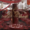 Elegant Red Banquet Hall Decorated With Golden Dragon Circular Ornaments Round Tables And Red Chairs