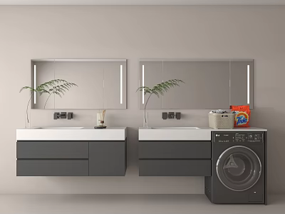 Modern Double Washbasin Vanity With Grey Cabinets Backlit Mirrors Potted Plants And Washing Machine 3d model
