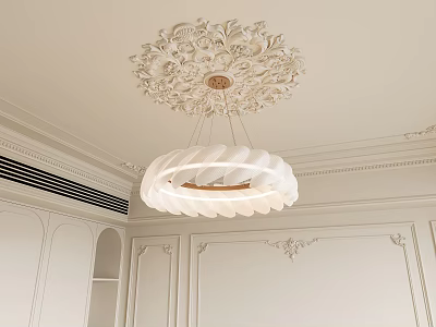 Elegant Classic Chandelier Hanging From Carved Ceiling In White Wall Interior With Decorative Moldings 3d model