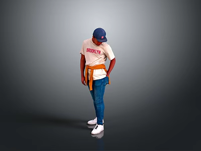 Man in white ERUDITE T-shirt blue cap brown belt blue jeans white sneakers gray background 3d model