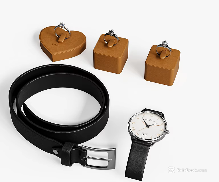 Elegant Jewelry Display Featuring Three Rings in Heart and Square Brown Boxes 3d model 