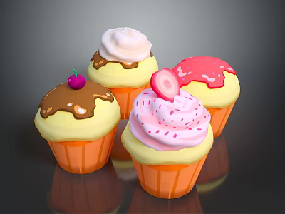 Colorful Cupcakes With Chocolate Sauce Cream Strawberry And Cherry Toppings On Black Background 3d model