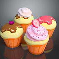 Colorful Cupcakes With Chocolate Sauce Cream Strawberry And Cherry Toppings On Black Background
