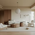 Modern Living Room Interior With White Sofa Wooden Chairs Round Coffee Tables And Pendant Light