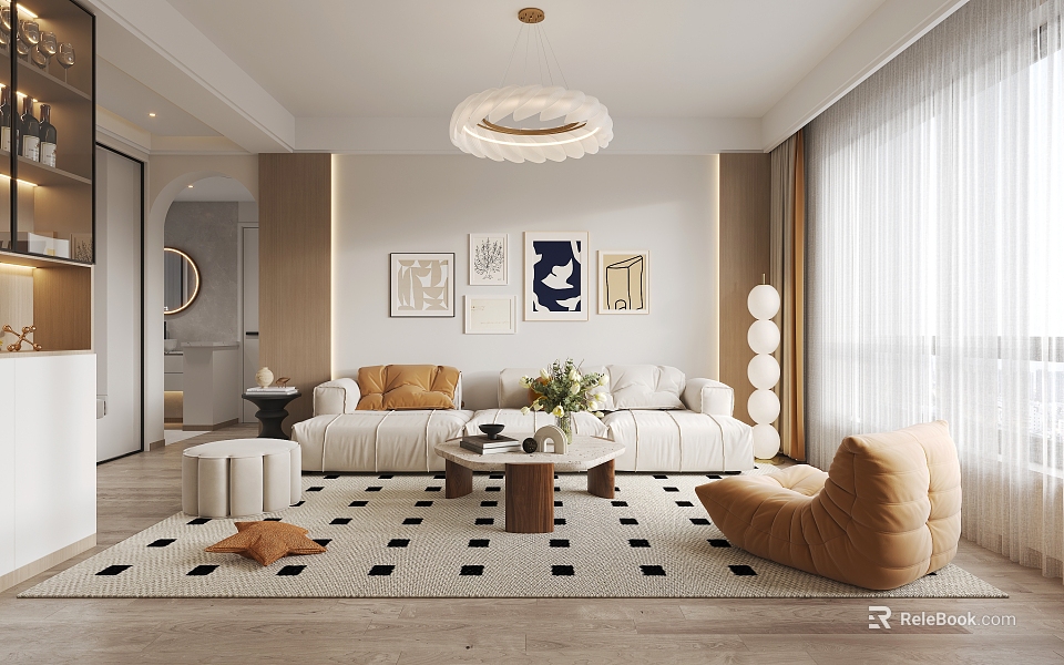 Modern Living Room Interior Design With White Sofa Orange Cushions And Geometric Rug 3d model 