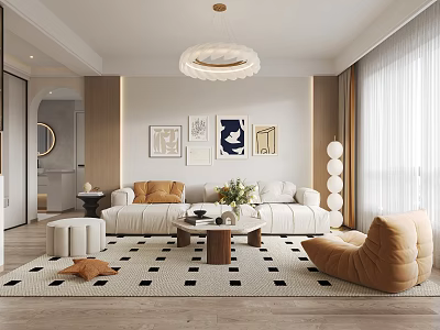 Modern Living Room Interior Design With White Sofa Orange Cushions And Geometric Rug 3d model