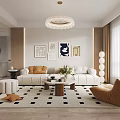 Modern Living Room Interior Design With White Sofa Orange Cushions And Geometric Rug