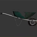 Green Wheelbarrow With Silver Metal Frame And Single Worn Wheel On Gray Background