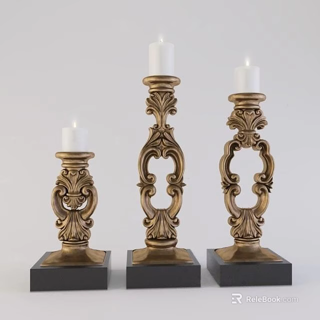 Decorative Candle Holders with Intricate Golden Carvings and Black Square Bases Featuring White Candles 3d model 