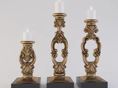Decorative Candle Holders with Intricate Golden Carvings and Black Square Bases Featuring White Candles 3d model