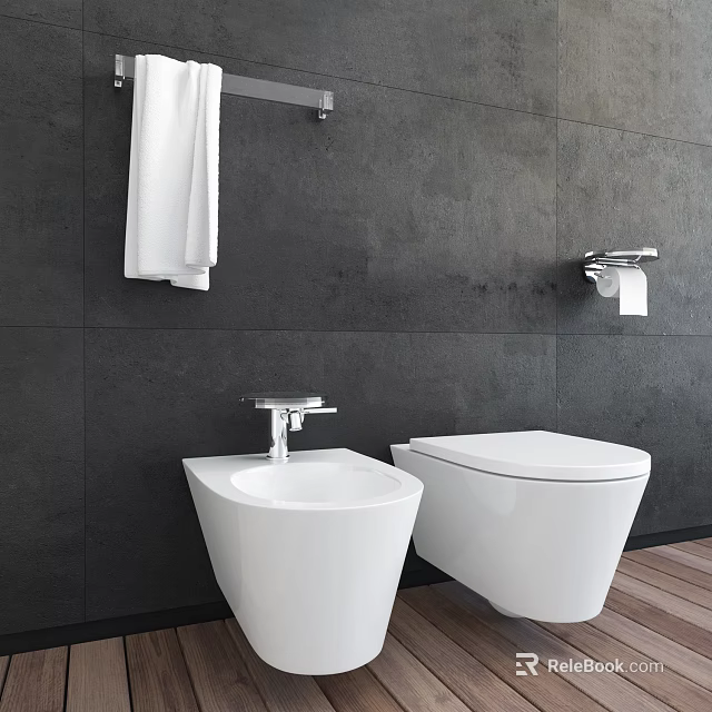 Modern White Toilet in Bathroom With Gray Wall Towel Rack And Toilet Paper Holder 3d model 