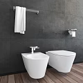 Modern White Toilet in Bathroom With Gray Wall Towel Rack And Toilet Paper Holder