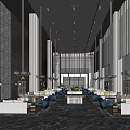 Spacious Modern Hotel Lobby Interior With Hanging Chandeliers Marble Floor And Decorative Wall Panels