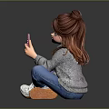 Woman With Bun Taking Selfie On Pink Phone In Gray Sweater Blue Jeans White Sneakers