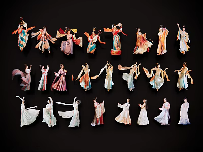 Women In Traditional Costumes With Various Elegant Poses And Colorful Attire 3d model