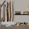 Rustic Stone and Wood Interior Display with Logs Stacked Wood Pieces and Potted Plant