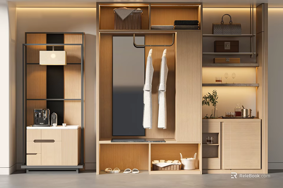 Modern Wooden Wardrobe With Mirror Hanging Area Drawers And Shoe Storage 3d model 
