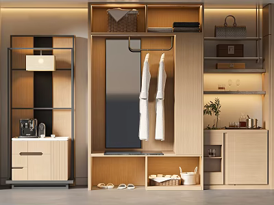 Modern Wooden Wardrobe With Mirror Hanging Area Drawers And Shoe Storage 3d model