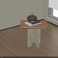 Modern Side Table with Wooden Top and Unique Concrete Legs Holding Teapot and Books