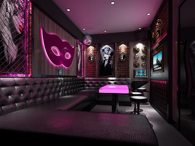 Modern KTV Lounge Interior With Neon Mask Decor Leather Sofas Brick Walls And TV Screen 3d model