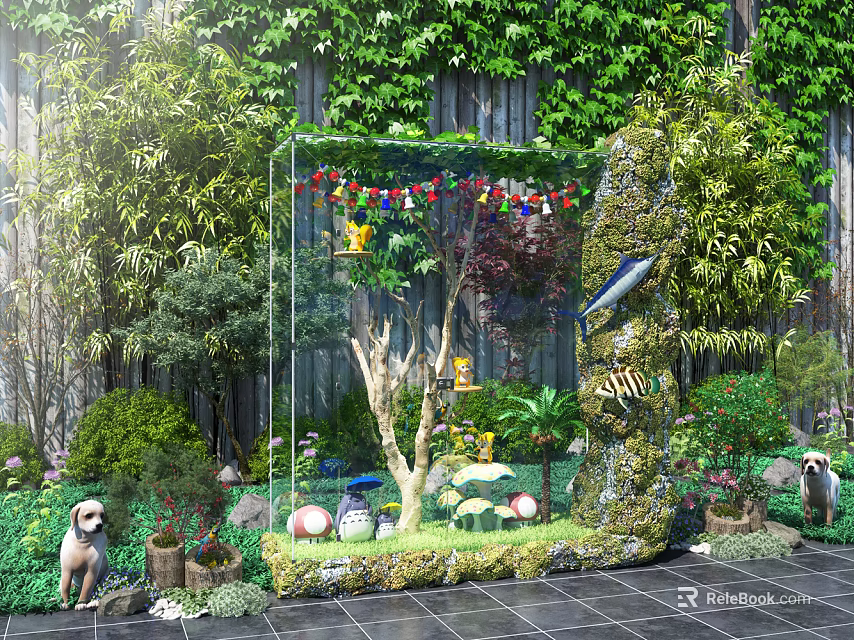 Transparent Display Cabinet With Interior Plants Decorative Balls Colorful String Lights And Greenery Wall 3d model 