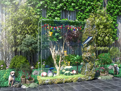 Transparent Display Cabinet With Interior Plants Decorative Balls Colorful String Lights And Greenery Wall 3d model