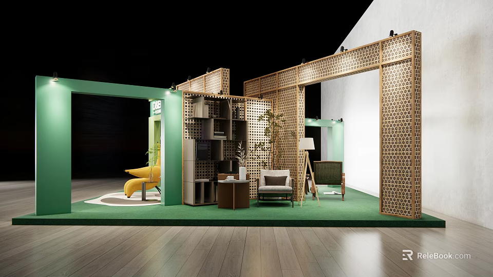 Exhibition Booth Design With Green Flooring Wooden Partitions Furniture And Plants 3d model 