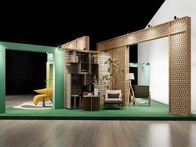 Exhibition Booth Design With Green Flooring Wooden Partitions Furniture And Plants 3d model