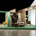 Exhibition Booth Design With Green Flooring Wooden Partitions Furniture And Plants