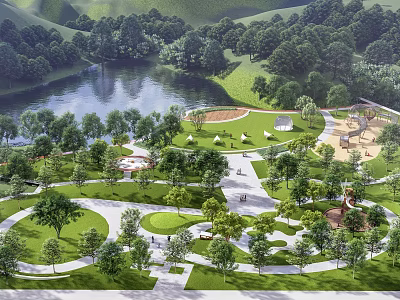 Park Landscape With Lush Trees Serene Lake Green Lawn Winding Paths And Playground Area 3d model