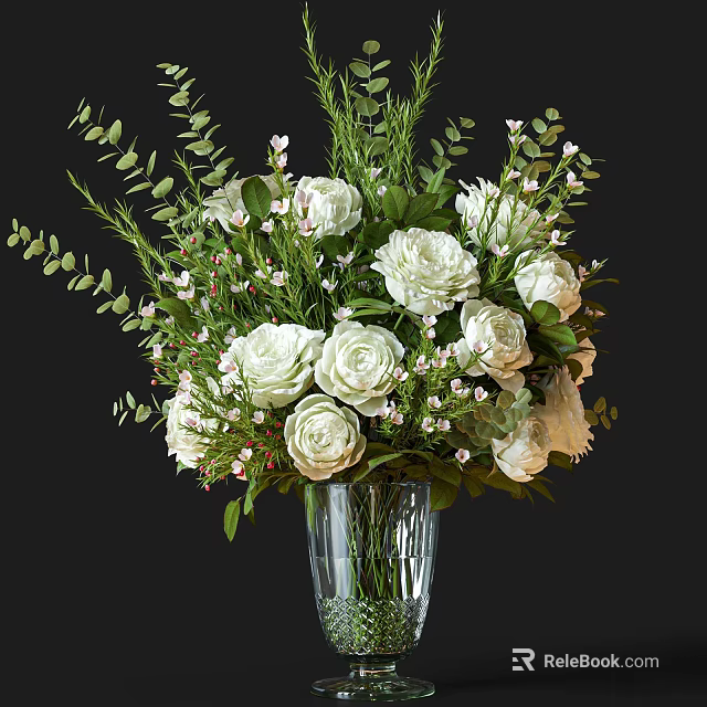 Glass Vase Arrangement With White Roses Green Leaves And Small Flowers 3d model 