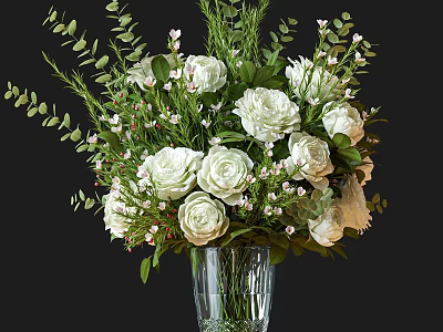 Glass Vase Arrangement With White Roses Green Leaves And Small Flowers 3d model