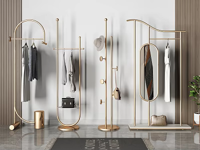 Elegant Modern Golden Clothes Racks With Mirror Hats Bags And Clothing For Indoor Use 3d model
