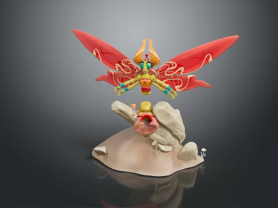 Fantasy Character Model With Red Wings Golden Details On Rock Base And Small Pink Figure 3d model
