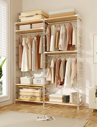 Clothes Hanger Bedroom Floor Japanese Style Coat Rack Clothes Storage Rack Walk-in Closet Shelf Open Wardrobe 3d model