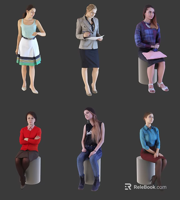 Multiple People in Different Poses With Various Outfits Standing and Sitting 3d model