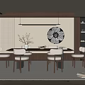 Modern Restaurant Interior Featuring Long Table Gray Chairs Wooden Elements Circular Decor And Hanging Light