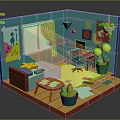 Cartoon Style Cozy Room With Blue Walls Yellow Curtains Decorative Posters Sofa And Potted Plants