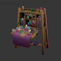 Rustic Wooden Craft Workbench with Shelves Tools and Purple Cloth Supplies