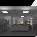 Commercial Kitchen Interior Featuring Stainless Steel Refrigerators White Cabinets Bread Display Shelves And Central Workbench